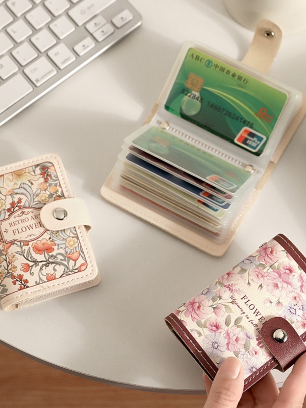 Floral Compact Card Holder Wallet - Cream/Pink